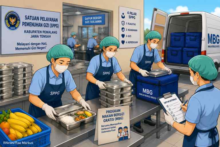 Aktivitas petugas SPPG saat melakukan pemorsian makanan di ruang dapur program MBG Kabupaten Pemalang, Rabu (27/5/2026). Proses penyiapan menu dilakukan sebelum distribusi kepada penerima manfaat. Ilustrasi : Rae Markus RNews